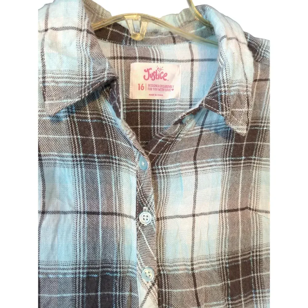 JUSTICE Teal White Plaid Tie Back Long Sleeve Flannel Girls Size 16 FLAW